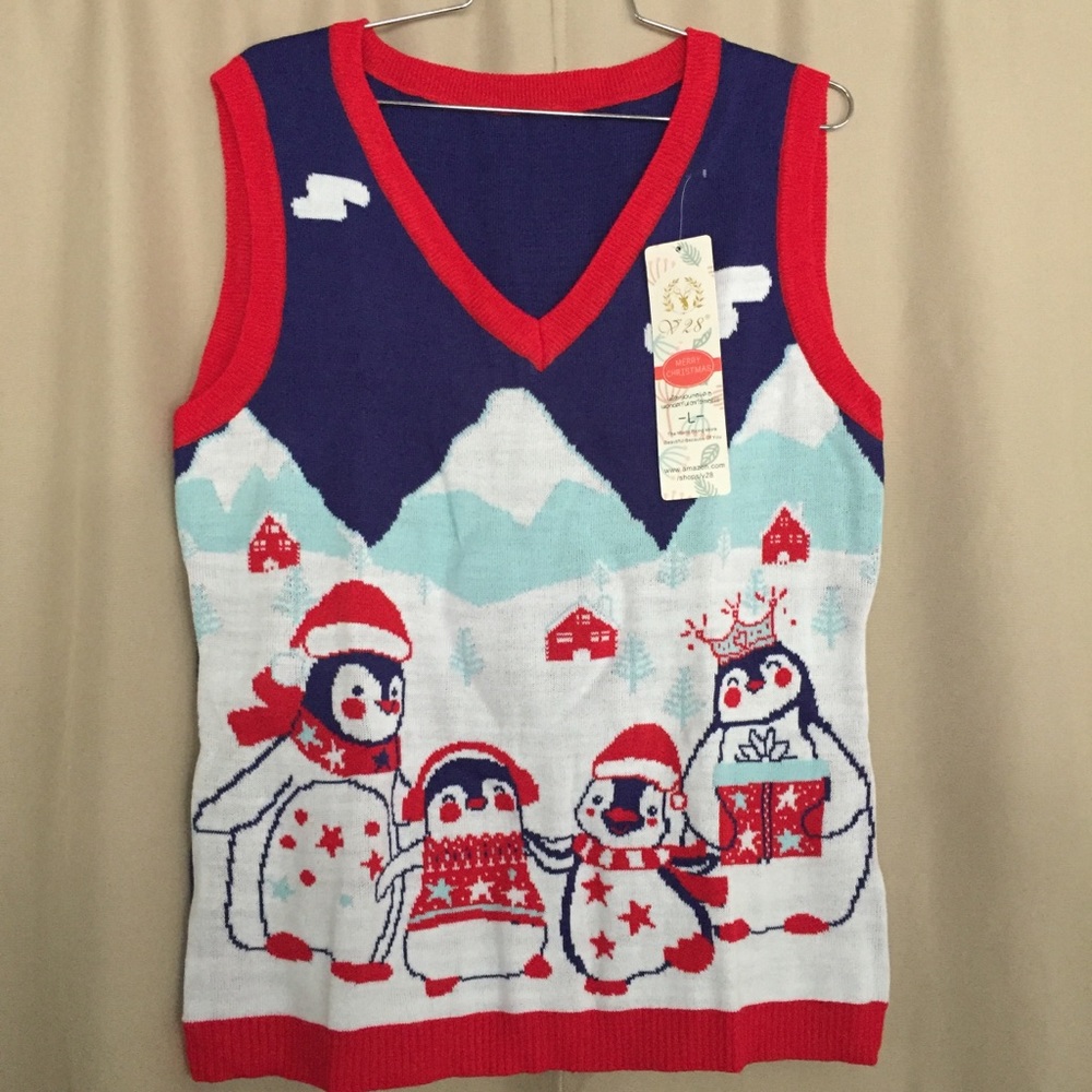 “Ugly Sweater” Penguins Vest Red and Blue NWT Size L